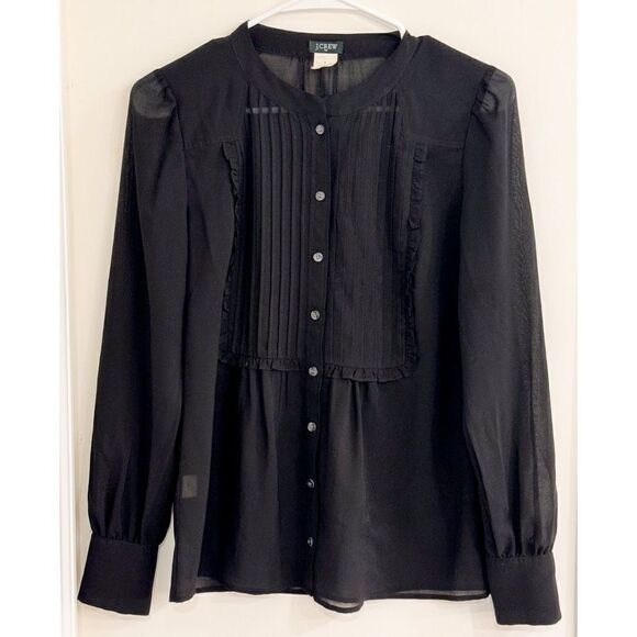J. Crew Semi-Sheer Black Long-Sleeve Collarless Button-Down Blouse Sz 0 EUC - Picture 1 of 4